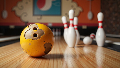 Dented bowling ball resting on lane in vibrant alley, nostalgic game