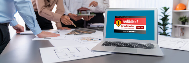 Virus warning alert on computer screen detected brisk cyber threat , hacker, computer virus and malware