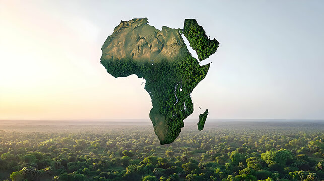 African Continent Map Over Lush Forest Landscape At Sunrise