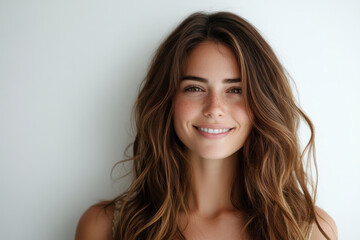 Fototapeta premium Woman with long hair smiling on white background.