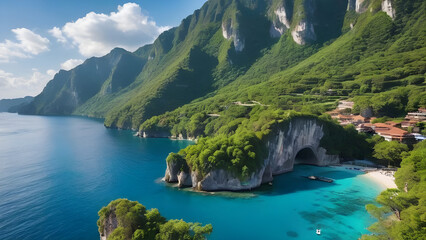 Aerial view of turquoise water hitting the idyllic white sand beach of Sabtang Island, Batanes, Philippines