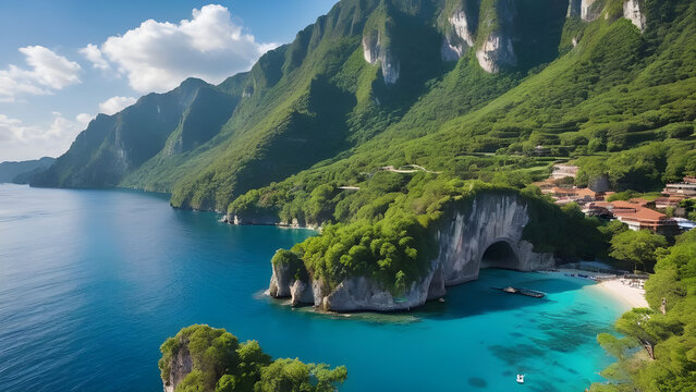 Aerial view of turquoise water hitting the idyllic white sand beach of Sabtang Island, Batanes, Philippines