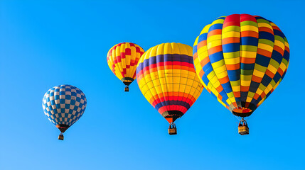 Naklejka premium Four Colorful Hot Air Balloons Soar Against A Vibrant Blue Sky During A Sunny Day