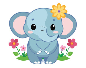 Fototapeta premium Cute Baby Elephant with Flowers. Adorable Animal Illustration