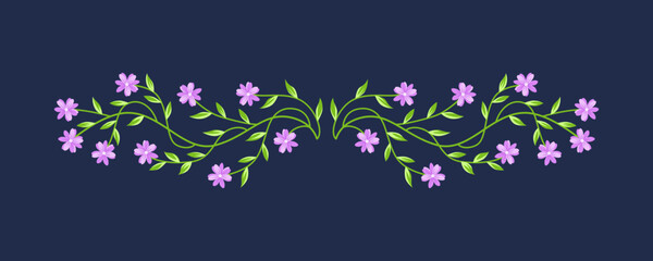 Floral divider with small violet flowers isolated on navy background. Editable stroke