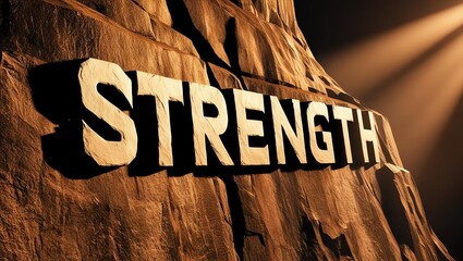A striking visual of the word 'Strength' carved into a rocky surface, illuminated by dramatic lighting, symbolizing resilience and determination in challenging times.