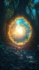 A glowing aperture showing light within a mystical forest scene