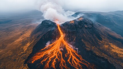 Fototapeta premium Volcanic eruption, fiery lava flows from a mountain peak. A dramatic aerial view of a powerful geological event