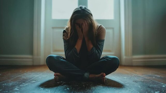 A distressed woman holding her head in pain, conveying deep sorrow, grief, and emotional struggle. Her expression reflects sadness and inner turmoil, with soft lighting emphasizing the mood of despair