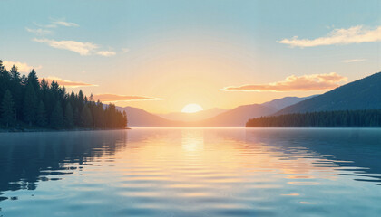Fototapeta premium Tranquil lake reflecting sunset over peaceful forest, serene harmony