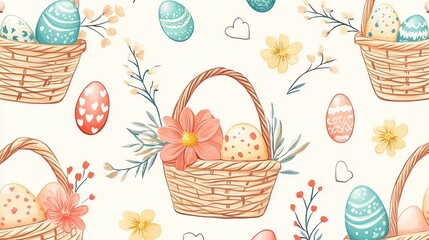 Hand-Drawn Easter Basket Pattern with Colorful Eggs and Flowers