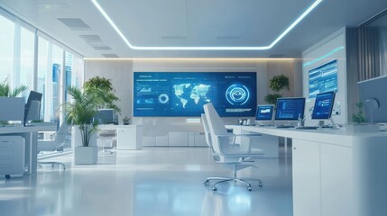 Innovative hybrid workspace merging traditional and digital marketing features. 