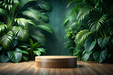Obraz premium Wooden pedestal in tropical forest for product presentation with a dark green wall background 