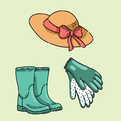 A set of vector images of garden clothes. Bright stickers hat, gloves, boots. Spring planting of the garden harvest. Icon on the background