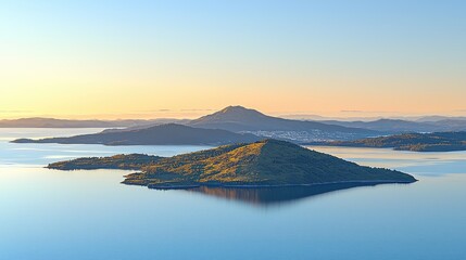 Fototapeta premium Serene island views under morning sun. Still lake reflects landscape