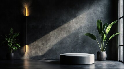 Minimalist Dark Studio with Modern 3D Elements and Plants