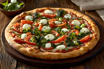 Gourmet Vegetarian Pizza Delight: A vibrant, appetizing pizza with fresh tomatoes, broccoli, and mozzarella, evoking the flavors of Italy, perfect for culinary projects.