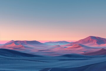 Soft amber light fades into dusky blues over gentle desert hills, creating a romantic and tranquil atmosphere at dusk