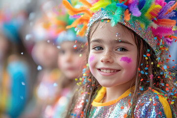 Fototapeta premium Little girl with colorful hair and headdress, playing in vibrant garden filled with flowers and butterflies, her joy evident in her bright smile.