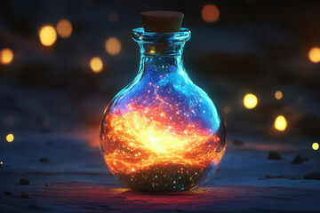 Bottle filled with glowing stars on a dark background, creating a magical and dreamy atmosphere.