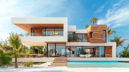 Modern beachfront villa with stunning pool and tropical landscaping