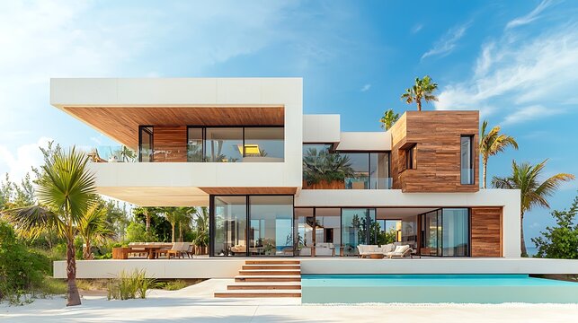 Modern beachfront villa with stunning pool and tropical landscaping