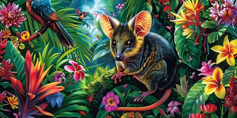 Vibrant illustration of Green Ringtail Possum tropical rainforest surrounded exotic flowers colorful birds and lush foliage bold and artistic style intricate details and a lively immersive environment