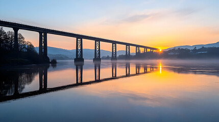 Fototapeta premium Bridge Silhouetted Against A Golden Sunrise Reflected In Calm Water