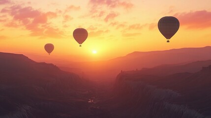Fototapeta premium Hot Air Balloons Floating Over Deep Canyons at Sunset
