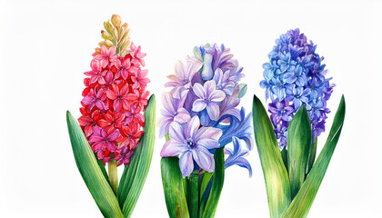 Vibrant watercolor painting of blooming hyacinths, beautiful garden flower, fine botanical details.