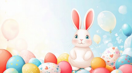 Obraz premium Cute Easter Bunny Surrounded by Colorful Eggs and Festive Balloons