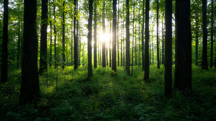 Obraz premium Lush Green Forest Interior With Sun Shining Through Tall Tree Trunks Creating Bright Sunlight And Shadows