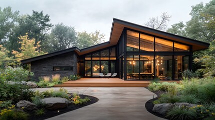Modern contemporary home exterior with large windows and a stylish, sloped roof
