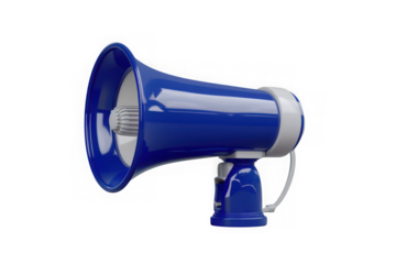 Stylish 3D blue megaphone with a white accent on a transparent background