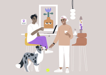 A vibrant coffee bar atmosphere comes alive as two patrons enjoy beverages while chatting, accompanied by a playful dog, The space is adorned with contemporary art and decor