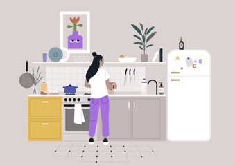 In a contemporary kitchen with soft pastel colors, a female character works joyfully, engaged in a culinary activity surrounded by plants and colorful decor