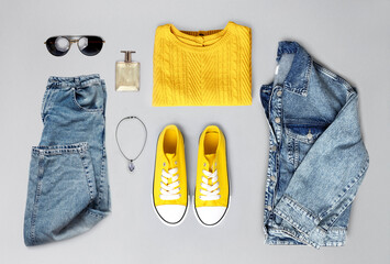 Stylish denim clothes top view, folded women's clothing collage top view, set of female garment...