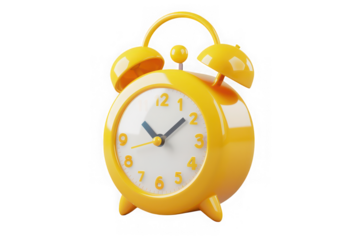 Stylish 3D yellow alarm clock with bells on a transparent background
