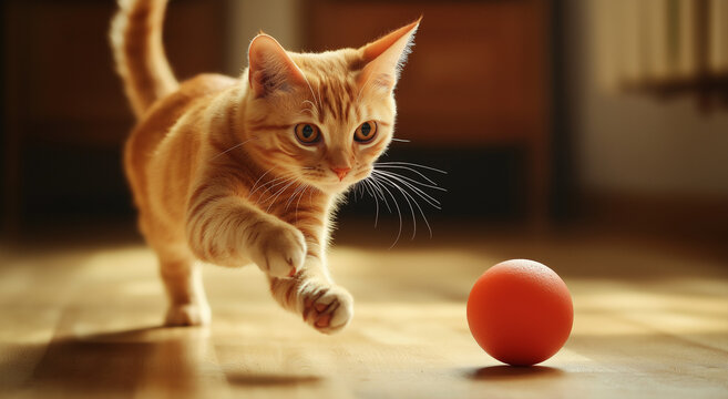Gato laranja envolvido em brincadeiras divertidas com uma bola em um piso de madeira, capturando uma cena animada da energia alegre e curiosidade do gato laranja, com amplo espa&ccedil;o para texto.