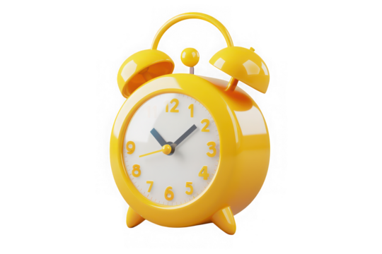 Stylish 3D yellow alarm clock with bells on a transparent background