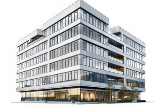 Stylish 3D modern high-rise office building with clean architecture on a transparent background