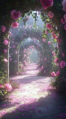 A beautiful pathway arched with roses leading into the distance