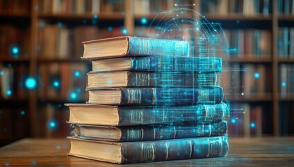 Stacked books with digital overlay in a library setting