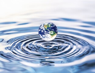 A single water droplet shaped like Earth floating above rippling water, symbolizing global conservation and sustainability. Ideal for World Water Day, environmental campaigns, and climate awareness
