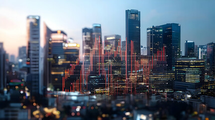 Fototapeta premium City Skyline With Illuminated Data Chart Overlay Depicting Market Trends In Urban Environment