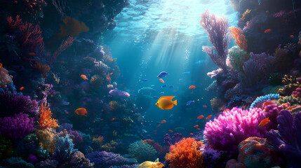 Obraz premium Underwater coral reef wonderland: A vibrant underwater world teeming with life. Colorful coral formations, exotic fish and the sunlight filters through the water.