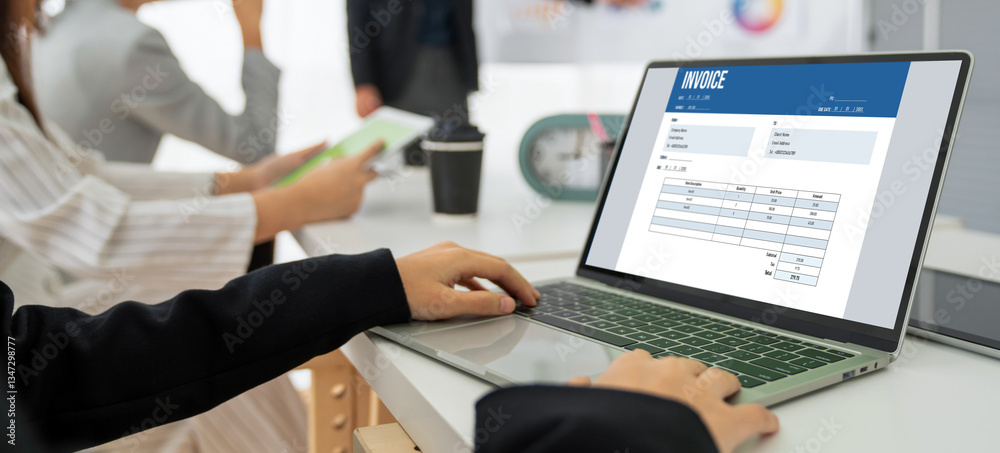 Poster invoice on computer screen from accounting application. computer program for financial and budget of