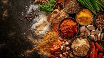 Asian fusion cuisine ingredients tradition concept. A vibrant assortment of spices and herbs displayed in bowls, showcasing a colorful blend of ingredients on a dark surface.