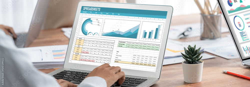 Aufkleber Spreadsheet document information financial startup concept. data and graphs in spreadsheet documents for online analysis project dashboard accounting digital brisk