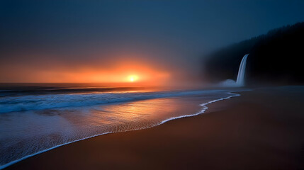 Sunset Over Ocean Beach With Waterfall And Light Reflections In Twilight